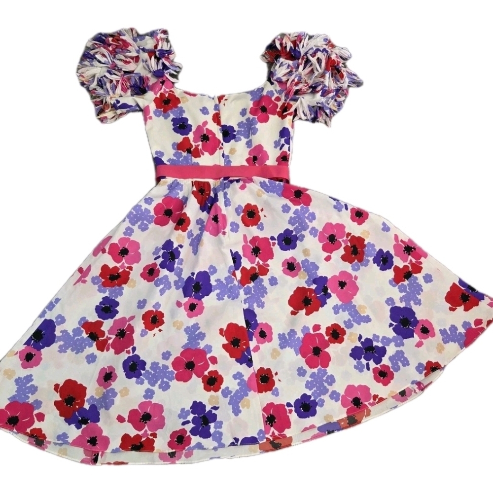 Victor Costa Vintage Floral Puff Petal Sleeve Dress Size 10 (Fits 4–6) Pink Bow - Picture 2 of 14